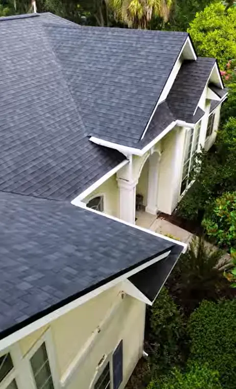 Aerial view of dark architectural shingles on a residential home in Gainesville