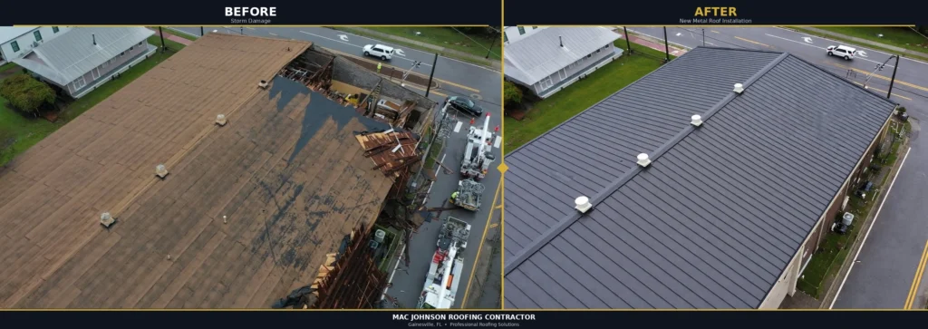 Before and after view of a severely storm-damaged roof replaced with dark metal panels.