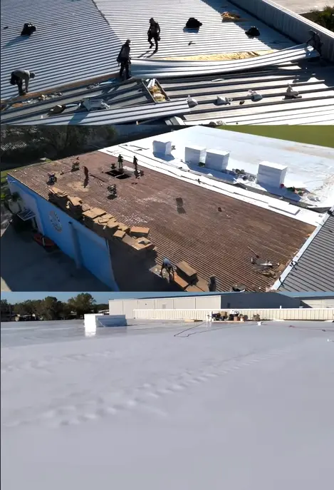 Three stages of a commercial roof replacement, showing tear-off, decking, and final white membrane.