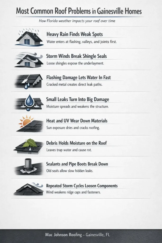 Infographic of common Gainesville roof problems caused by Florida weather, heat, and storm winds.