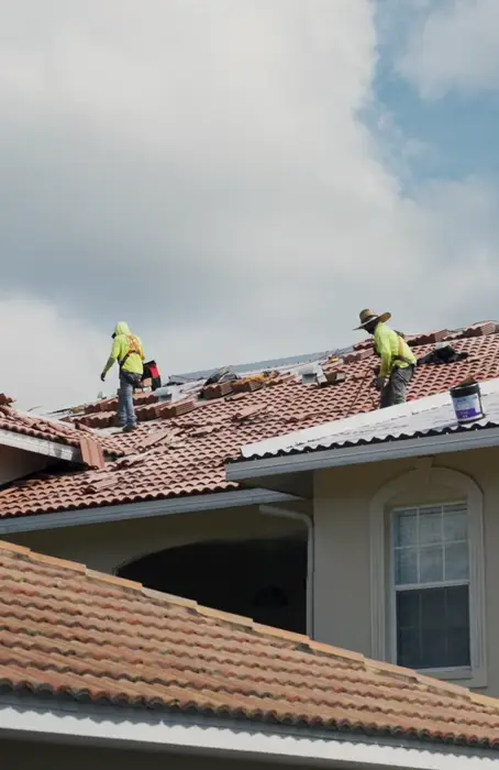 Two roofers wearing safety harnesses install red barrel clay tiles on a roof.