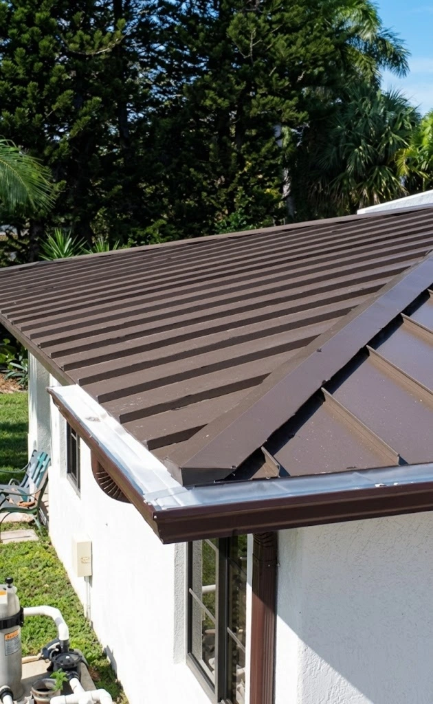 Brown standing seam metal roofing installed on a residential home in Alachua County, Florida