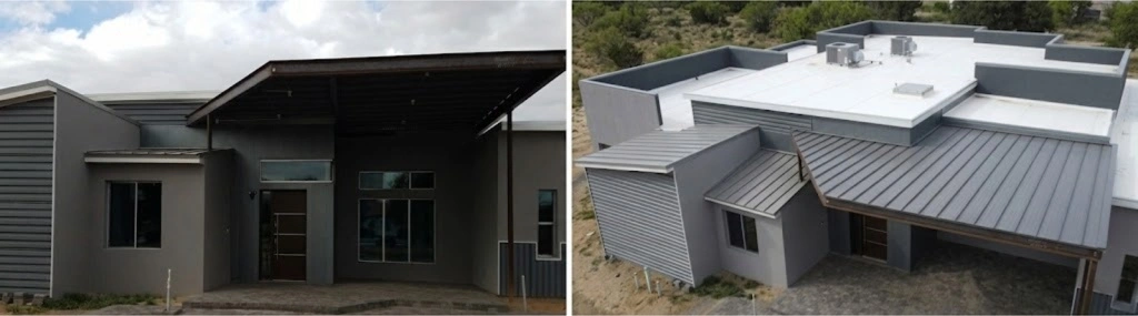 view of a modern building featuring grey standing seam low-slope metal roofing and flat membrane sections