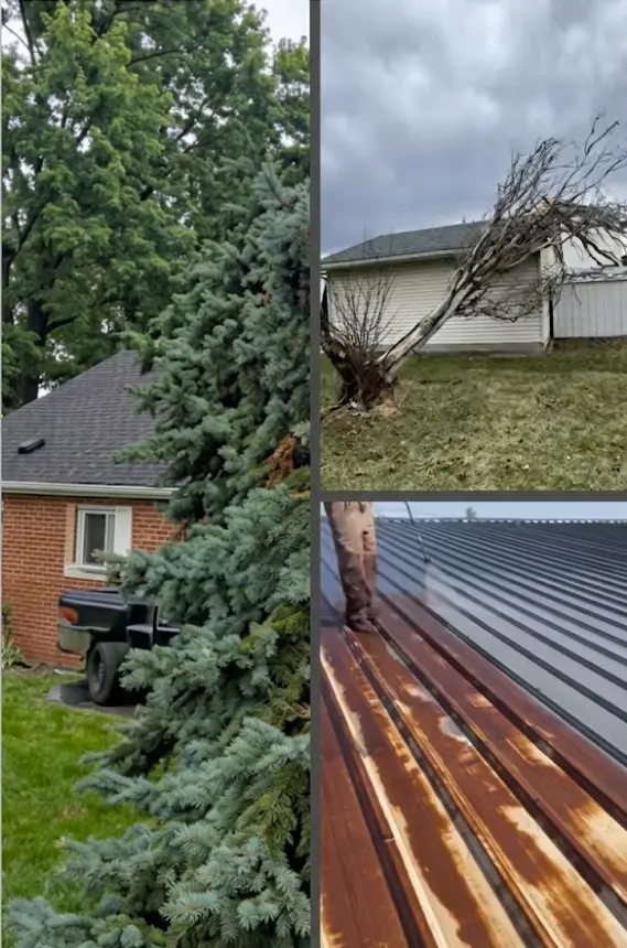 Tree shade on a shingle roof, storm damage, and organic staining on metal roofing