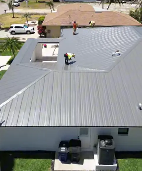 Aerial view of a standing seam metal roof on a residential Gainesville home