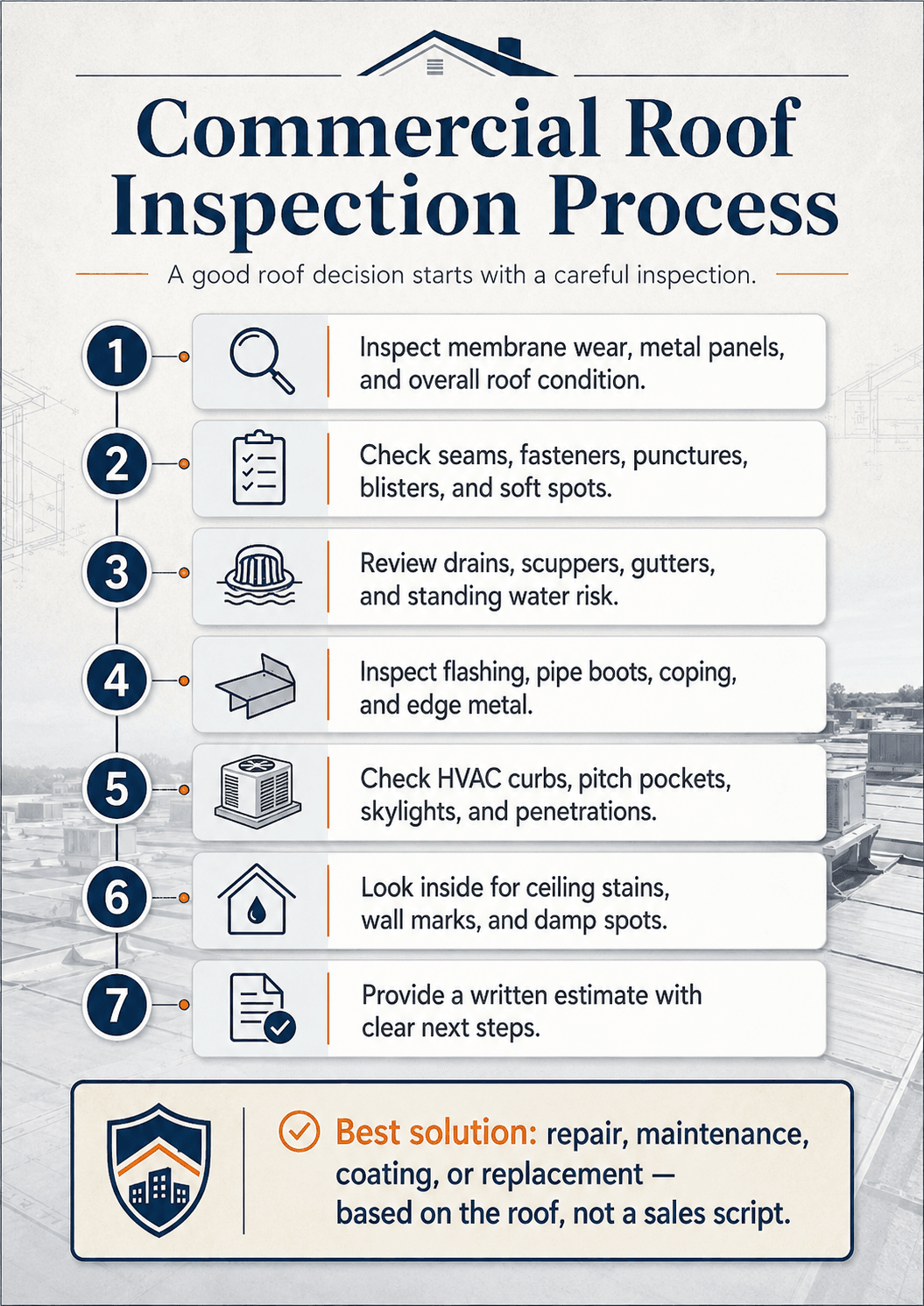 Commercial roof inspection process infographic showing 7 steps, including membrane wear, seams, drains, flashing, HVAC curbs, interior stains, and written estimate.
